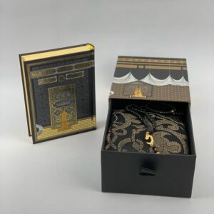 Quality mini Quran with Black prayer mat and Tasbeeh in Kabaa shape box