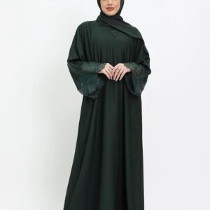 bottle green heyam abaya with lace & diamante cuff detailing, , abaya for women fancy, summer abaya, green abaya, luxury abayas uk