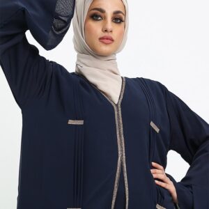 navy nur a line chiffon abaya with gold trim for women, , abaya for women fancy, summer abaya, navy blue abaya